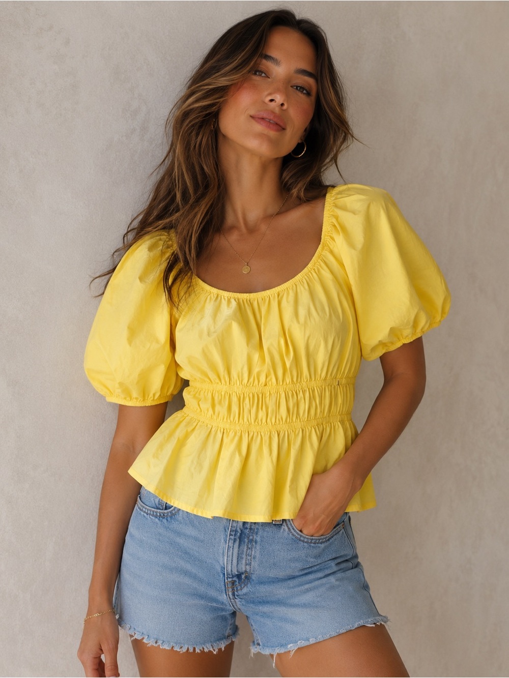 iris Yellow Puff-Sleeve Smocked Peplum Top